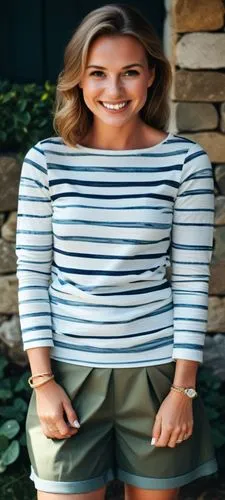 High quality photo, best face features: beautiful face, smart 23-year-old european female with a great satisfied smile, facing the camera and looking directly at it.,a woman wearing striped shirt and 