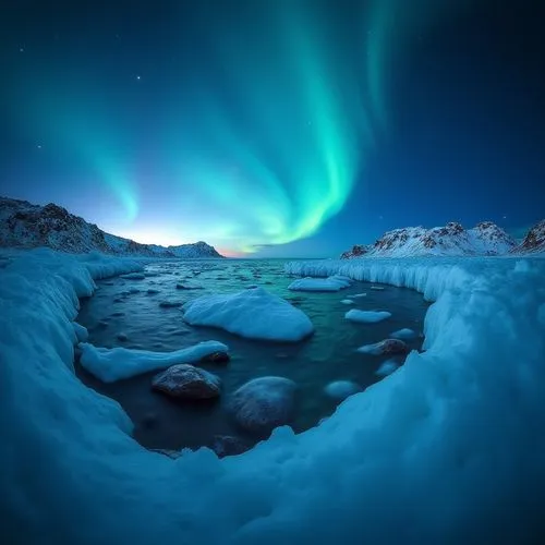 Ice floating in the coastal waters, this far-flung region is made up of icy blue waters and snow-covered landscapes of incredible beauty. Ultra realistic and high quality,a view of a river and the aur
