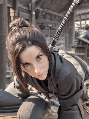 quiero que se vea como una artista marcial con un shinobi gi negro, vestida de color negro, como kunoichi. ninja mujer
agregarle un ninjato o katana
un poco mas de lejos.
,the young woman in a cosplay