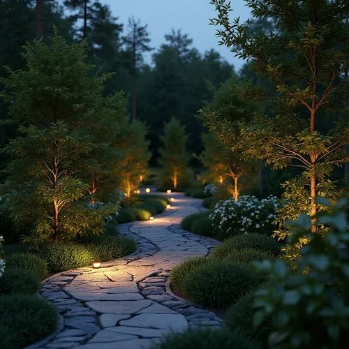 3D rendering of a custom outdoor lighting design with lash green lanscape and well light ambient walkway with garden path lights


,an outdoor path lit by the lights in the trees,forest path,japanese 