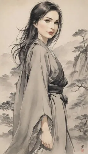 a painting of a woman in oriental dress,xiaofei,kunqu,diaochan,oriental painting,guqin,jingqian,Digital Art,Ink Drawing