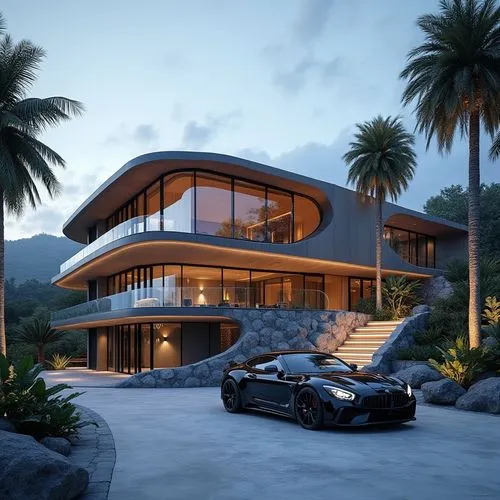 A hyper-realistic, high-resolution architectural photograph of an ultra-modern, luxury residence at dusk, showcasing a sleek, curvilinear façade composed of smooth stone panels, dark metal accents, an