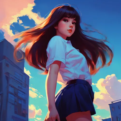 a long hair girl stand on the top of maintain,,digital painting,hinata,anime girl,world digital painting,rosa ' amber cover,sakura background,study,school skirt,dusk background,tangerine,digital illus