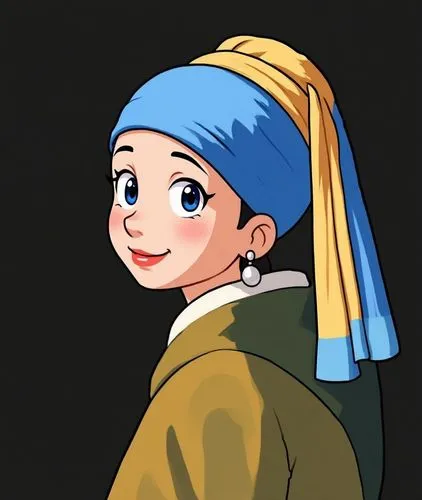 Change the style to the Animation Style,a woman with a pearl ear looking into the distance,girl with a pearl earring,beret,cute cartoon character,headscarf,bonnet,vector girl,cloche,girl wearing hat,b