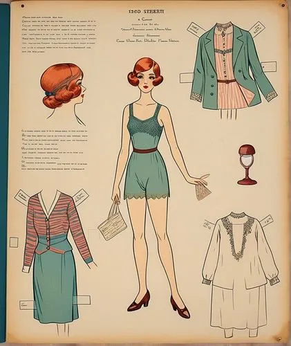 Vintage Paper dolls 1920s women in  shirt,  lace  french knickers with  shoe standing with a set of elegant 1920s dress full color colorful 1920s fashion 1920s clothing,vintage paper doll,retro paper 