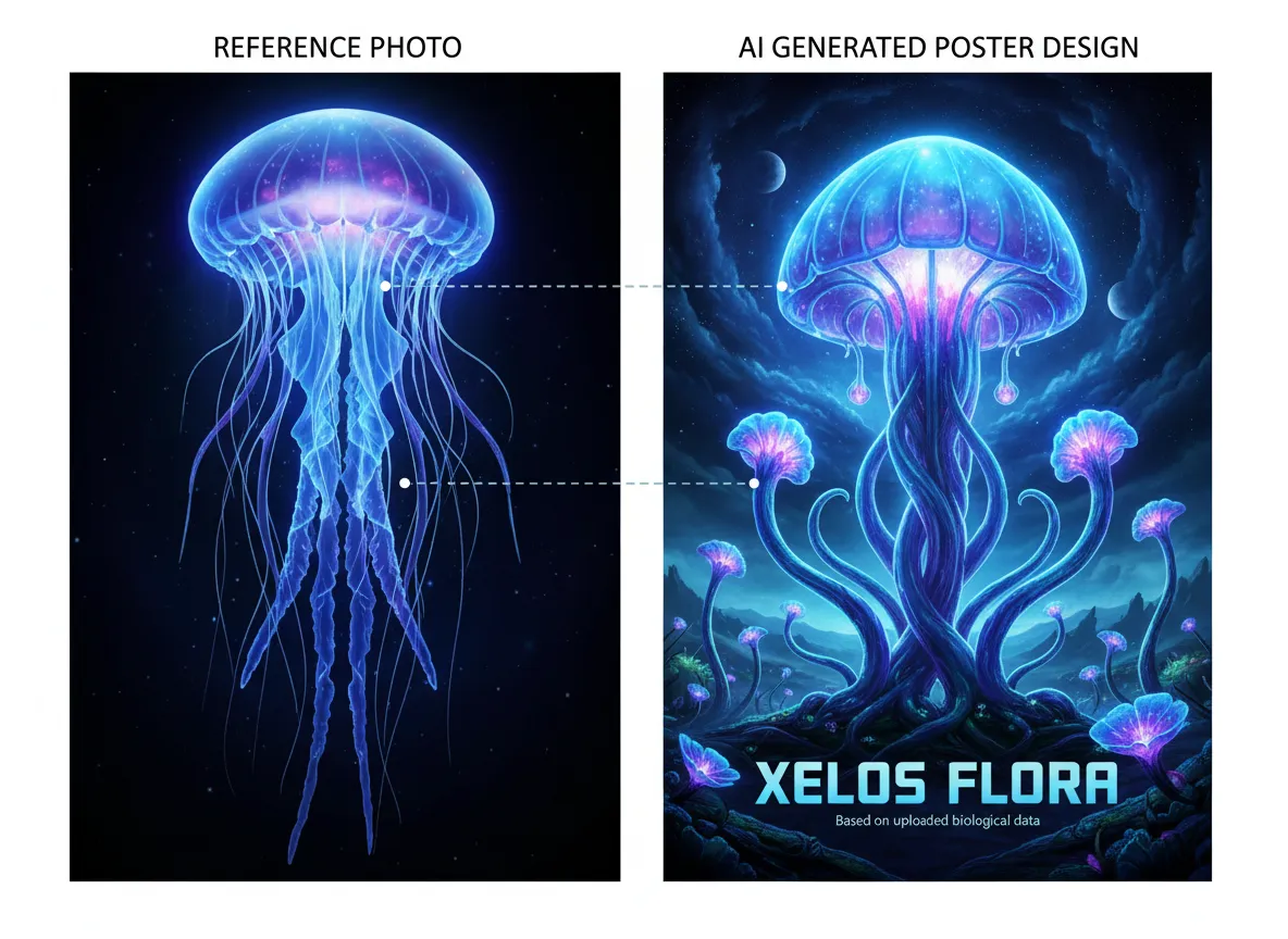 Un'immagine che dimostra come la foto di riferimento di una medusa caricata da un utente influenzi il design finale del manifesto di una pianta aliena luminescente generato dall'AI.