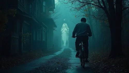 halloween random scene from horror movie,old bike,a man riding his bike down the street at night,bicyclist,cyclist,bicycle,bicycle path,bicycle ride,bicycling