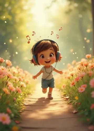 a girl walking down a path with headphones on,little girl running,cute cartoon image,girl in flowers,cute cartoon character,girl picking flowers,cartoon flower,walking in a spring,little girl in wind,