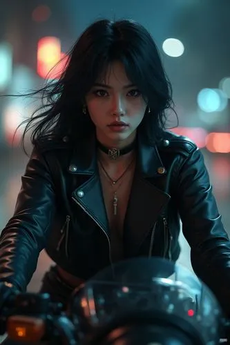 a ultradetailed beautiful, perfect, a girl with black loose hair on a sport bike rides through the night city, she is wearing a black cropped leather motorcycle jacket, leather pants, black sneakers, 