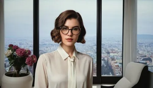 modern interior designer, female, 25yo, stylish short hair, glasses, elegant makeup, white blouse, black trousers, high heels, holding floor plan, standing, luxurious living room, marble floor, cream-