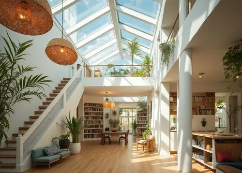 An open, contemporary loft with a unique skylight ceiling. The space features wicker pendant lights that cast soft, patterned shadows, while a white staircase leads to a rooftop garden visible through