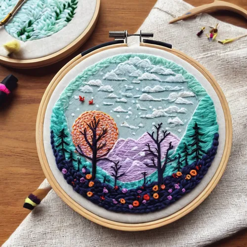Make this Embroidery Hoop Pincushion,trees with stitching,embroidered leaves,teal stitches,sewing stitches,fall landscape,embroidery,felted and stitched,embroidered flowers,cross-stitch,stitching,autu