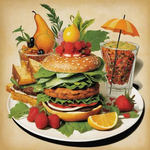 Whimsical food clip art for restaurant promotions,veggie burger,salmon burger,food collage,hamburger vegetable,vegetarian food,food styling,diet icon,hamburger plate,gator burger,chicken burger,thousa