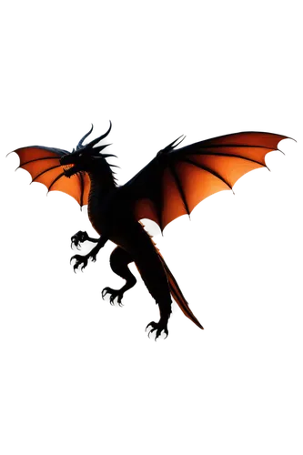 Dragon silhouette, black outline, majestic posture, wings spread wide, claws grasping, fiery breath, scales shimmering, mythical creature, misty atmosphere, backlight, low-key lighting, dramatic compo