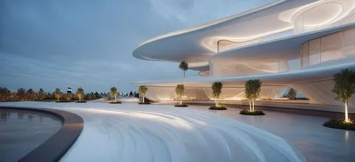 the architecture is intricately designed as it stands out against the sky,futuristic architecture,yacht exterior,futuristic art museum,roof top pool,penthouses,roof landscape,roof terrace,modern archi