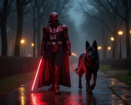 Darth Vader wearing a red Iron Man-style armored suit, glowing with subtle power lines and sleek metallic textures. He holds a glowing red lightsaber in one hand. His wrists are bound with long, heavy