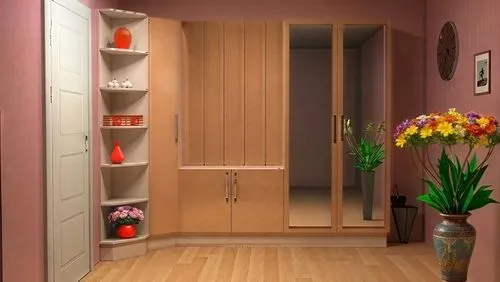 this is a large room with pink walls and wooden floors,walk-in closet,cupboard,cupboards,mudroom,wardrobes,storage cabinet,closets,room door,shoe cabinet,pantry,the little girl's room,schrank,cabinets