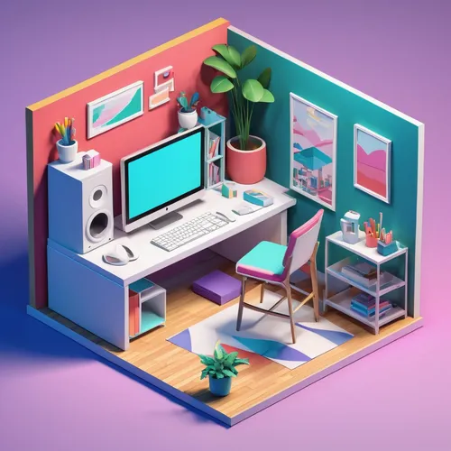 Interior design of a studio, with a computer in the room, trending color palette, by Leo Natsume, 3D illustration, pop up color, vibrant, fine detail, 8K, high quality,working space,isometric,dribbble