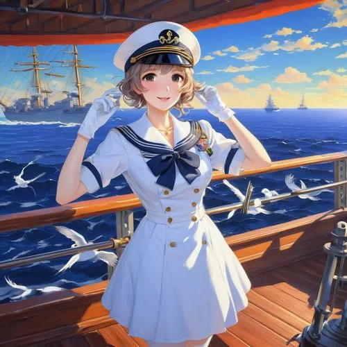 Azur Lane shipgirls, cute facial expressions, curly short hair, sailor uniform, ribbon on chest, white gloves, anchor symbol on hat, holding binoculars, standing on warship deck, sunny day, blue sky, 