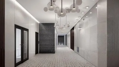 minimalist lobby, modern , concrete, terrazzo , glass cladding ,modern, sleek corridor with pendant lights and glass windows,hallway space,hallway,ceramic floor tile,floor tile,corridor,corridors,cont