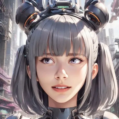 an animated animated character with gray hair and ears,shimei,meka,nanami,miu,melia,niijima