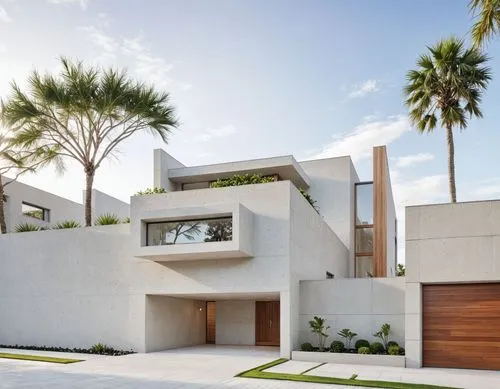 A photo-realistic rendering of a modern, minimalist house with a contemporary design. the house is a two-story building with a neutral color palette, featuring large windows and a large glass window o