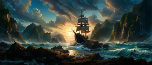 an island with waves crashing under it and a ship sailing by in the distance,sea fantasy,maelstrom,charybdis,fantasy picture,sea storm,sea sailing ship,fantasy art,god of the sea,shipwreck,sea landsca