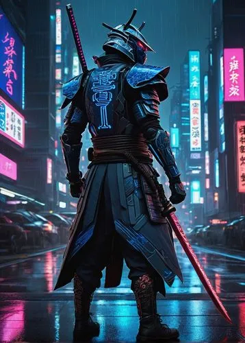 Cyberpunk samurai, futuristic armor, neon lights, metallic reflections, glowing blue circuits, intricate mechanical details, ornate katana, shoulder pads with Japanese motifs, dark grey and silver col