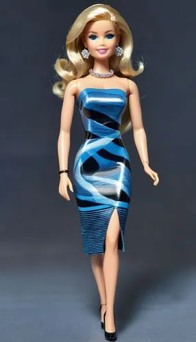 Beautiful blonde lady fashion designer, with a long bob hairstyle, wearing silver shoes, and a black shoulderless midi dress with blue wavy lines, as a Barbie doll. Full-length.,dress doll,fashion dol