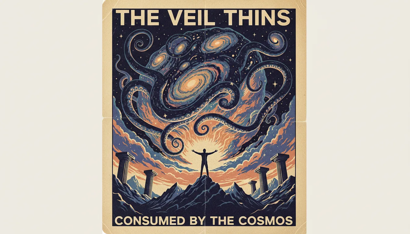 Un poster dettagliato in stile Cosmic Horror classico, che raffigura un'enorme creatura tentacolare fatta di stelle e nebulose che incombe su una piccola figura umana in silhouette.