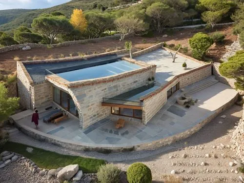 A modern single-story house with a minimalist architectural design, featuring walls made of stone slabs that define its volume and layout. The house has large glass windows that connect the interior w