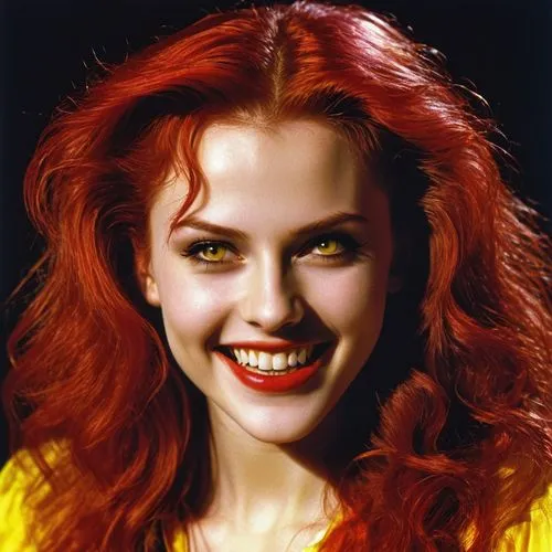 A young female vampire, the heroine of the film "Another World" named Celine, smiling, showing her vampire fangs, beautiful long bright red hair, bright yellow fluorescent eyes,a smiling red haired gi