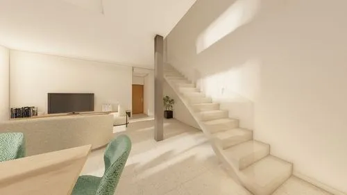 mismo material que la escalera,an artist's rendering of a modern living room,render,hallway space,core renovation,modern living room,interior modern design