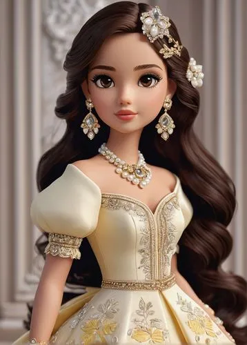 BRUNETTE BEAUTY. DOLL. MODESTLY DRESSED. TEENAGER. ROYAL YELLOW LEHENGA. PUFF SLEEVES. LOTS OF FRILLS AND SASHES. CRYSTAL EARRINGS. PEARL NECKLACE. CRYSTAL BANGLES. DARK BROWN LONG OPEN HAIR. LARGE BL