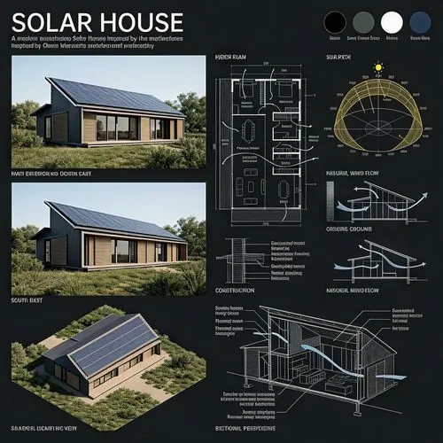 Ultra Professional architectural presentation board dark mode of a modern sustainable Solar House inspired by Glenn Murcutt’s architectural philosophy, emphasizing passive solar design, natural ventil