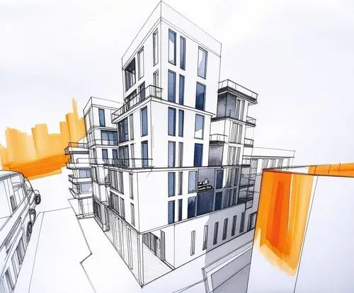 a drawing of buildings on a city street,multistory,high-rise building,redevelop,high rise building,cantilevered,cantilevers
