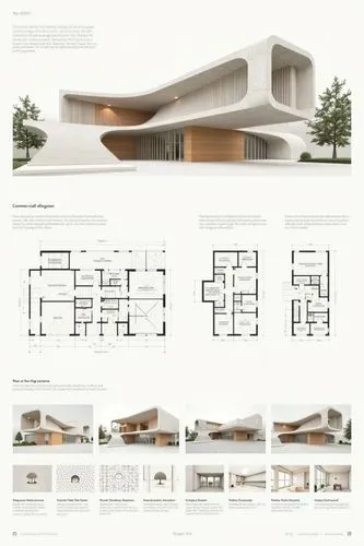 A professional architectural presentation board with a Pure background and a clean, minimalist design layout. The board includes:

Top Section: On the top left, a photorealistic render of a contempora
