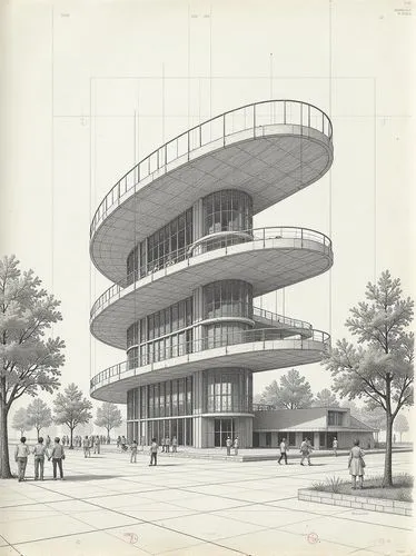 Structural diagram of a torus building, 3 stories, long overhangs, in the style of renzo piano


,an architectural drawing shows the side of a large building with glass walls,docomomo,niemeyer,bunshaf