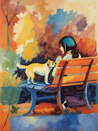 Девушка с собакой сидят на скамейке,the painting shows a woman on a bench and a dog looking at her,park bench,girl with dog,autumn idyll,boy and dog,oil painting,one autumn afternoon