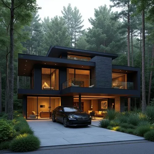 A hyper-realistic, high-resolution architectural photograph of a modern, two-story luxury residence set amidst a lush, tranquil forest. The house features a bold, minimalist design with clean lines an