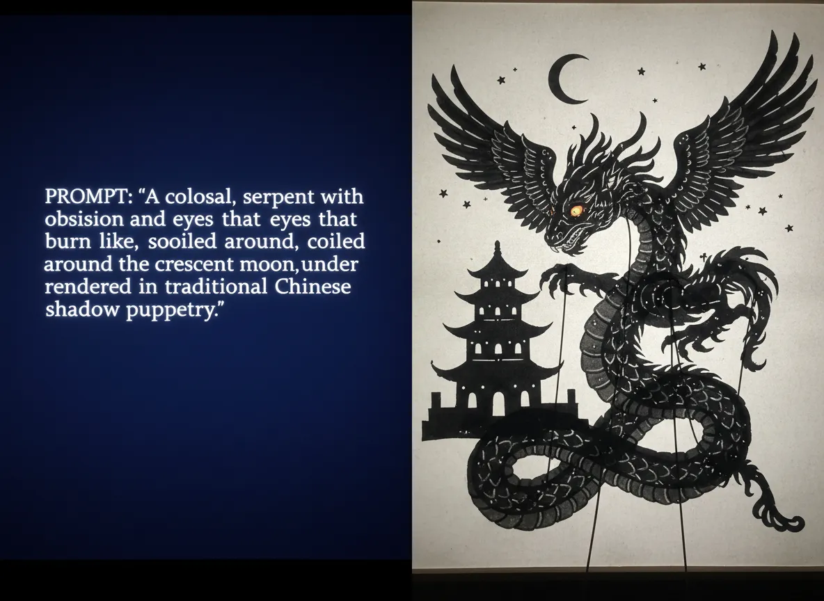 Un dittico che mostra un prompt di testo su un lato e la risultante arte del teatro delle ombre, generata dall'AI, di una creatura mitica sull'altro.