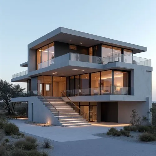 A hyper-realistic, high-resolution architectural photograph capturing a striking, multi-level contemporary home constructed primarily from smooth, exposed concrete. The design is characterized by dram