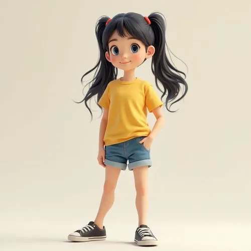 3-d cartoon image of a yang Western European girl with blue eyes full-length with long black straight hair wearing a yellow t-shirt, blue shorts and black sneakers,the small girl is dressed in blue sh
