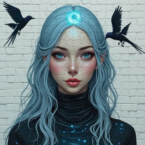 ((friendly woman xenomorf allien inside a crystal breaked cocon egg)) grey head  in space. Her eyes are filled with intense focus.  capturing the world of reality and technology. This transformation i