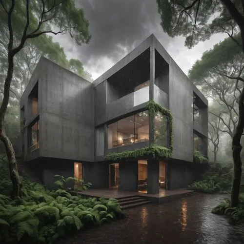  ,Noche lluviosa,cube house,cubic house,house in the forest,forest house,modern house,modern architecture,cube stilt houses,frame house,mirror house,timber house,dunes house,3d rendering,prefab,snohet