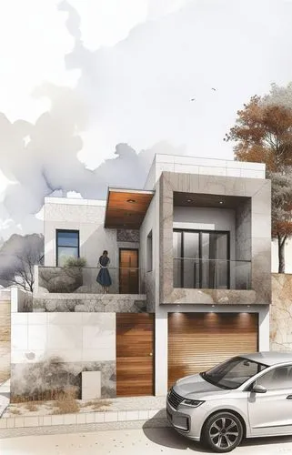 the house has an overhang that also shows the woman and child on the roof,modern house,smart home,smart house,mid century house,electric charging,carports