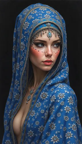 a blue veiled woman with make up on her face,indian woman,indian girl,indian bride,mastani,arabian,radha,mandodari,khatun,dupatta,surana,arati,ghazala,gandhari,islamic girl,persia,maharani,orientalist