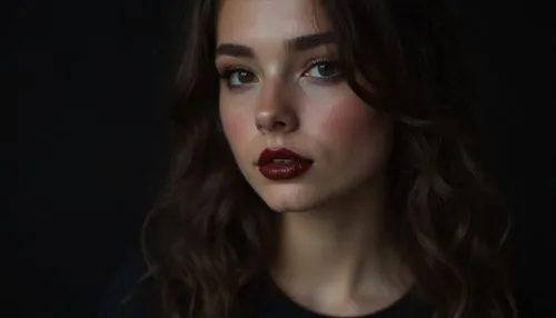 A medium shot of a young woman's face due to the focus. Her eyes are completely black, with lipstick covering her skin and her hands are extremely small because of her makeup. The face is slightly out