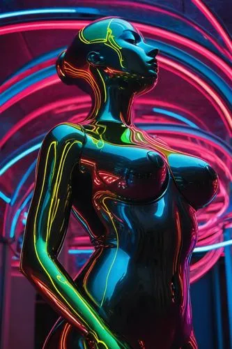 Breastscape, architectural breasts, surreal, dreamlike atmosphere, curvaceous lines, futuristic, metallic material, reflective surface, neon lights, cyberpunk, abstract composition, 3/4 view, low angl