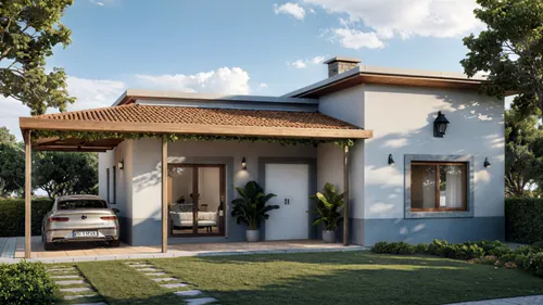 an exterior s of a house with a white car parked in the driveway,holiday villa,render,residential house,villa,renders,exterior decoration,modern house,private house,bungalows,beautiful home,luxury hom